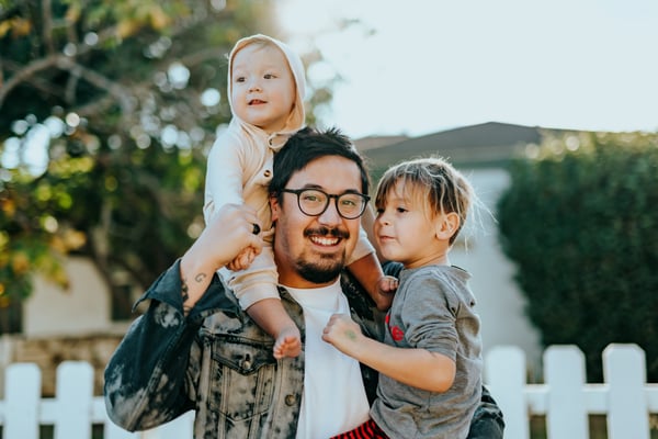 outside-dad-kids-shoulders-fatherhood-equitable-parenting